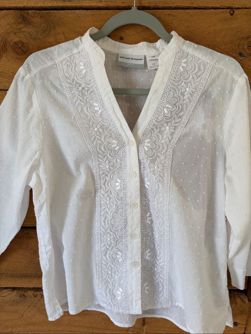 Alfred Dunner White Embroidered Swiss Dot Button-Down Blouse